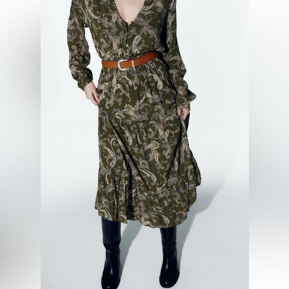 ZARA BNWT GREEN PAISLEY PRINT MIDI SHIRT DRESS BELTED. - Picture 4 of 10